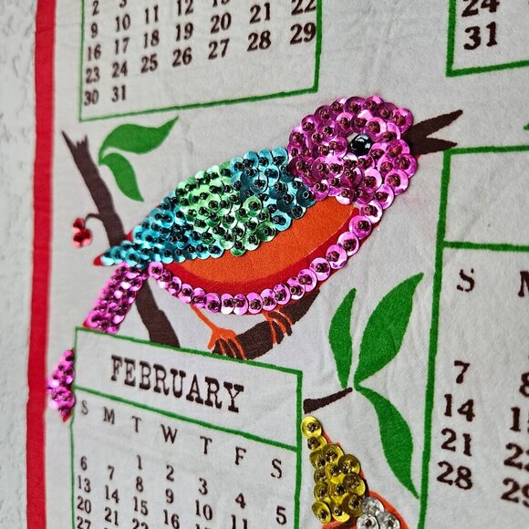 Vintage 1977 Hanging Felt Calendar Kit Birds Tree Red Handmade Sequin 34"x10" - Picture 4 of 7